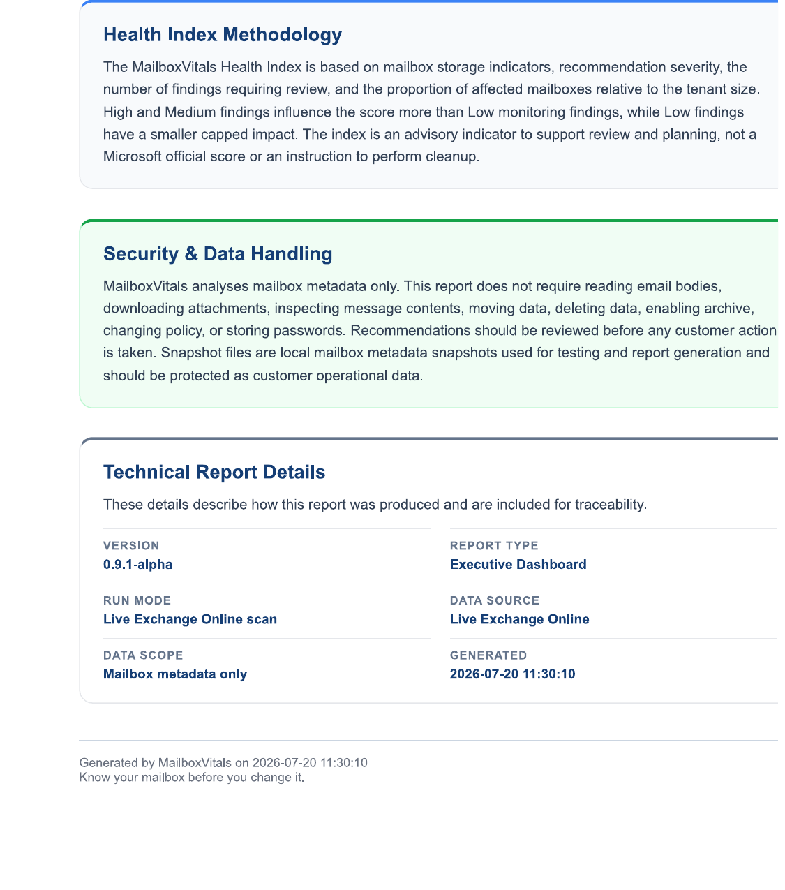 Anonymised MailboxVitals demo report explaining the security and data handling methodology